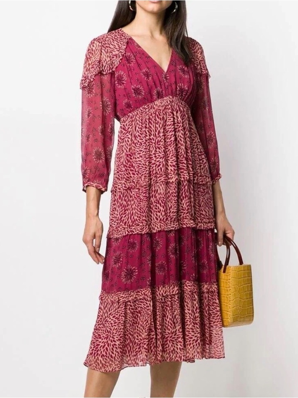 ba&sh Gypsie Red Burgundy Tiered Midi Dress Ruffle Shoulder Pink Size 1 (Small)